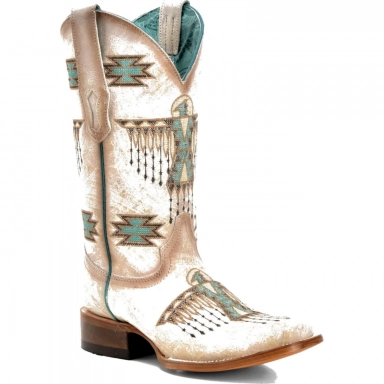 Corral Womens White-Turquoise Embroidery Square Toe Boot
