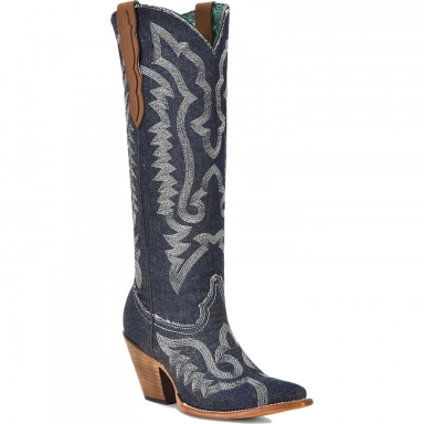 Corral Womens Denim-White Embroidery Tall Top Pointed Toe Boot