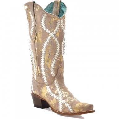 Corral Womens White-Golden Touches Embroidery Crystals Studs Boot