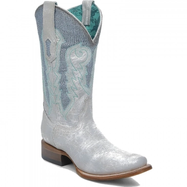 Corral Womens White-Blue Glitter Embroidery Overlay Square Toe Boot