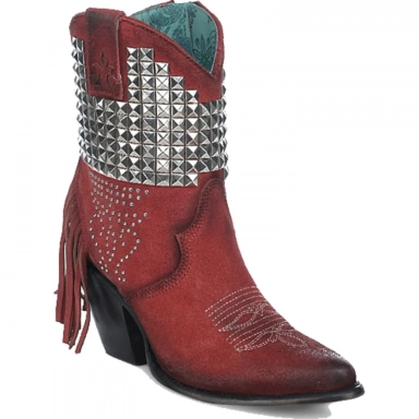 Corral Womens Red Embroidery Studs Fringes Ankle Pointed Toe Boot
