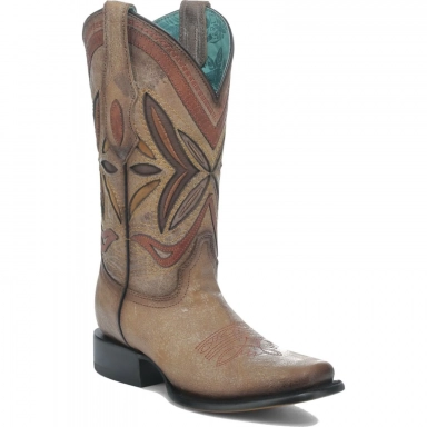 Corral Womens Sand Butterfly Embroidery Overlay Inlay Square Toe Boot