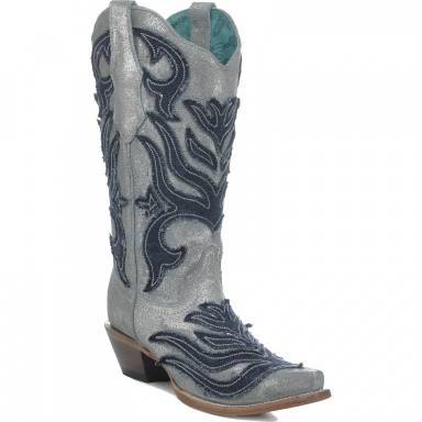 Corral Womens Silver-Blue Embroidery Denim Overlay Boot