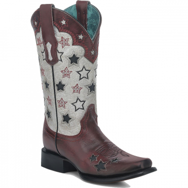 Corral Womens Red-White Stars Embroidery Overlay Inlay Square Toe Boot