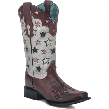 Corral Womens Red-White Stars Embroidery Overlay Inlay Square Toe Boot