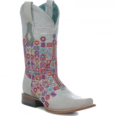 Corral Womens White-Multicolor Embroidery Square Toe Boot