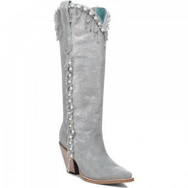 Corral Womens Silver Crystals Pearls Tall Top Pointed Toe Boot