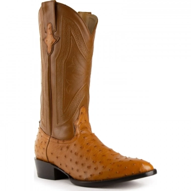 Ferrini Mens Full Quill Ostrich Colt Cognac R-Toe Boot