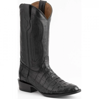 Ferrini Mens Belly Caiman Dakota R-Toe Black Boot