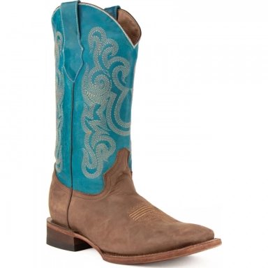 Ferrini Mens Cowhide Leather Chocolate Turquoise S Toe Boot