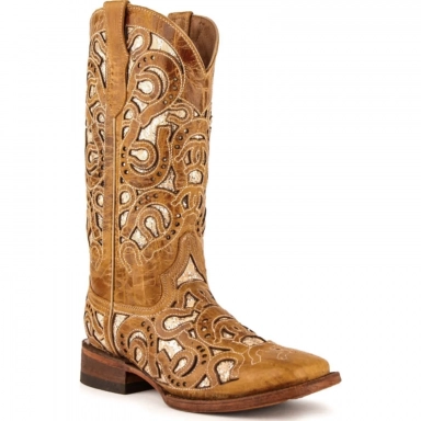 Ferrini Womens Ladies Antique Saddle Black Laser Cut Angle Wings Boot
