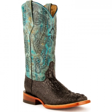 Ferrini Womens Ladies Print Caiman Black Turquoise Boot