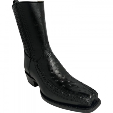 Los Altos Mens Black Ostrich Western Boots Semi Square Toe
