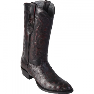 Los Altos Mens Round Toe Ostrich Black Cherry Pull-On Boot