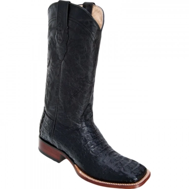 Los Altos Mens Wide Square Toe Caiman Hornback Black Cowboy Boot