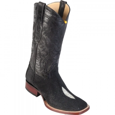 Los Altos Mens Wide Square Toe Stingray Single Stone Black Cowboy Boot