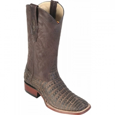 Los Altos Mens Wide Square Toe Caiman Belly Sanded Brown Cowboy Boot