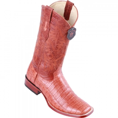 Los Altos Mens Wide Square Toe Pieced Vamp Caiman Belly Cognac Cowboy