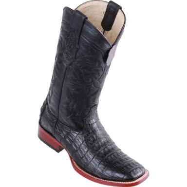 Los Altos Mens Wide Square Toe Pieced Vamp Caiman Belly Black Cowboy