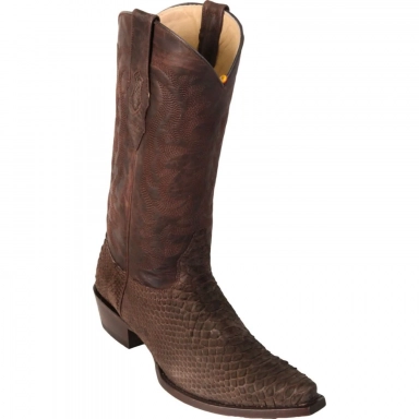 Los Altos Mens Snip Toe Python Brown Suede Finish Cowboy Boot
