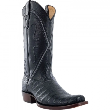 R Watson Mens Black Wide Square Toe Caiman Belly Western Boot II