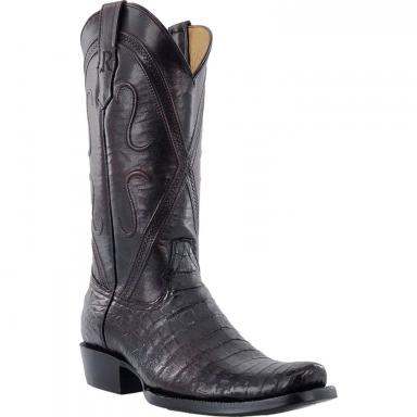 R Watson Mens Black Cherry Wide Square Toe Caiman Belly Western Boot