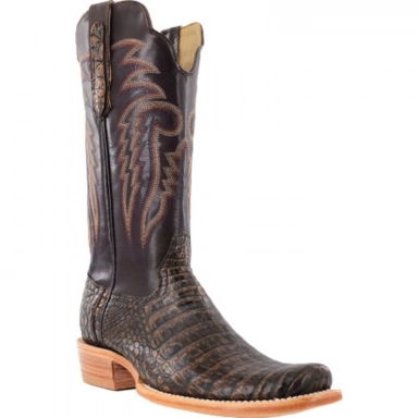 R Watson Classic Chocolate Narrow Square Toe Caiman Belly Western Boot