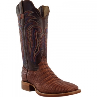 R Watson Cognac Wide Square Toe Caiman Belly Western Boot