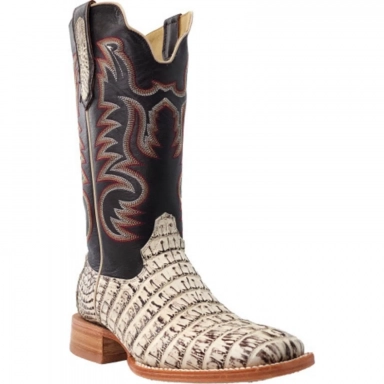 R Watson Chocolate Malagra Wide Square Toe Hornback Caiman Tail Western Boot