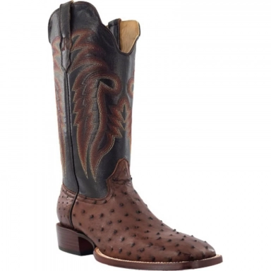 R Watson Chocolate Brush Off Wide Square Toe Full Quill Ostrich Western Boot