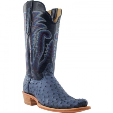 R Watson Navy Blue Narrow Square Toe Full Quill Ostrich Western Boot