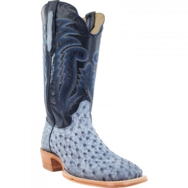 R Watson Navy Blue Wide Square Toe Full Quill Ostrich Western Boot