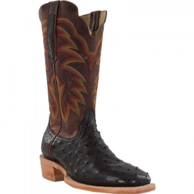 R Watson Cognac Crazy Dog Wide Square Toe Full Quill Ostrich Western Boot