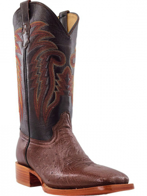 R Watson Chocolate Wide Square Toe Smooth Ostrich Western Boot