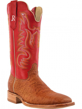 R Watson Red Wide Square Toe Smooth Ostrich Western Boot
