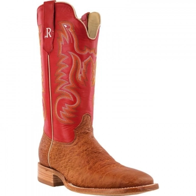 R Watson Red Wide Square Toe Smooth Ostrich Western Boot