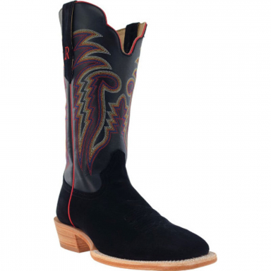 R Watson Black Wide Square Toe Roughout Western Boot