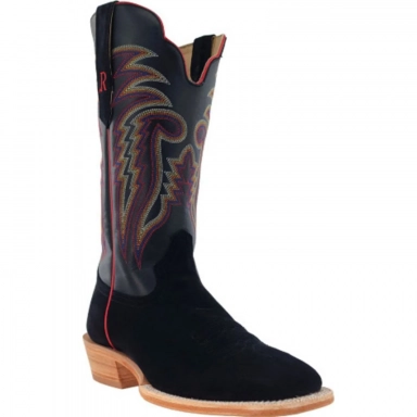 R Watson Black Wide Square Toe Roughout Western Boot