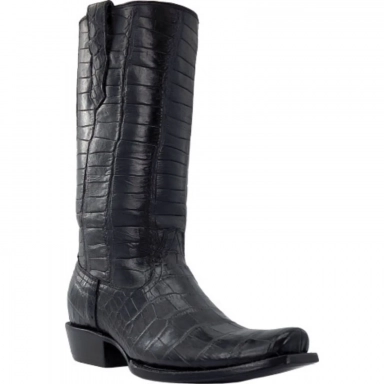 R Watson Black Narrow Square Toe American Alligator Western Boot