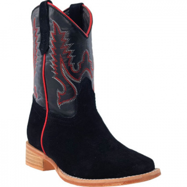 R Watson Kids Black Wide Square Toe Roughout Western Boot