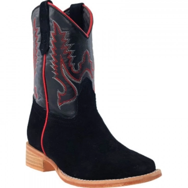 R Watson Kids Black Wide Square Toe Roughout Western Boot
