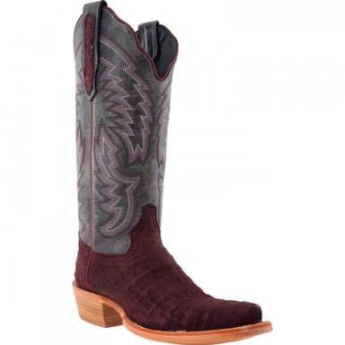 R Watson Steel Grey Narrow Square Toe Nubuck Caiman Belly Western Boot