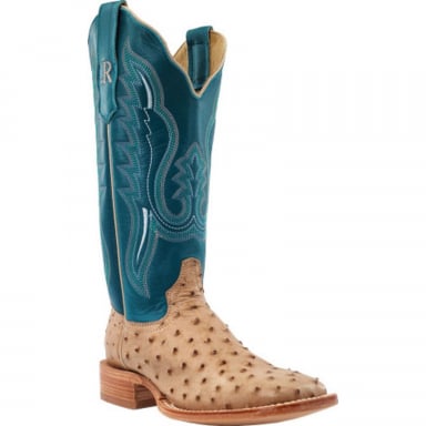 R Watson Teal Sinatra Wide Square Toe Full Quill Ostrich Western Boot