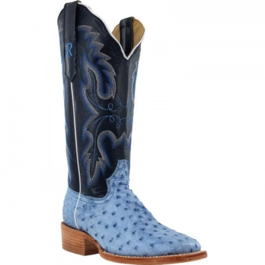 R Watson Midnight Blue Wide Square Toe Full Quill Ostrich Western Boot