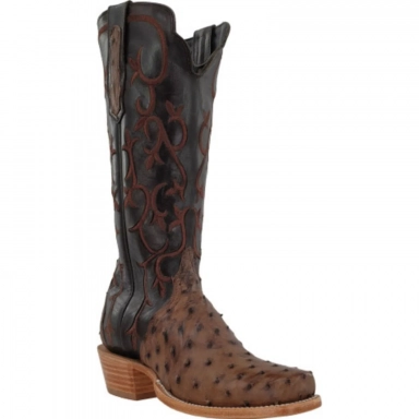 R Watson Chocolate Narrow Square Toe Full Quill Ostrich Western Boot