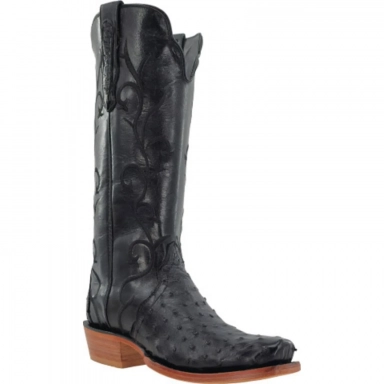 R Watson Black Narrow Square Toe Full Quill Ostrich Western Boot