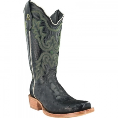 R Watson Black Narrow Square Toe Full Quill Ostrich Western Boot