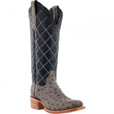 R Watson Black Narrow Square Toe Full Quill Ostrich Western Boot