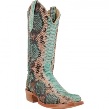 R Watson Teal And Copper Narrow Square Toe Python Western Boot