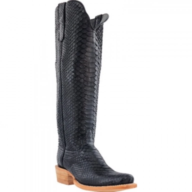 R Watson Matte Black Narrow Square Toe Python Western Boot